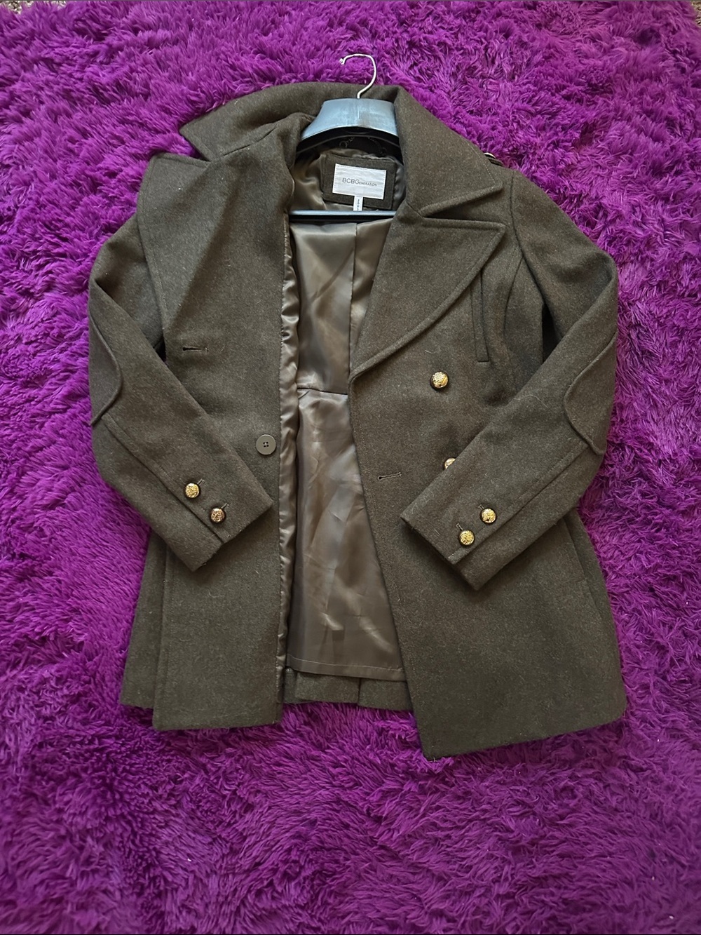 BCBGeneration Olive Green Wool Blend Pea Coat with Gold Buttons